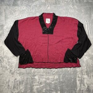 XiAO Womens Top Red Black Floral Embroidered Blouse Large